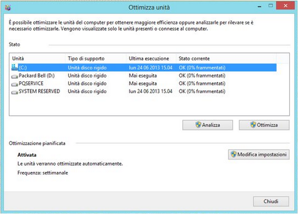 deframmentare il PC Windows 8