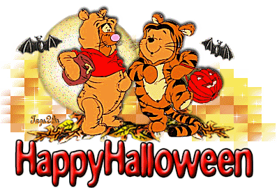 personaggio dei cartoni Winnie the Pooh con scritta rossa happy halloween