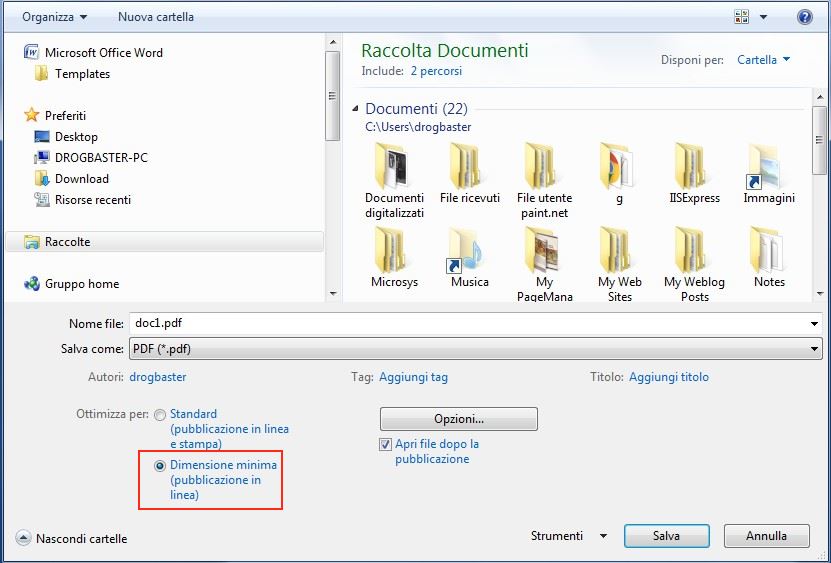 screenshot salvataggio documento da word a pdf