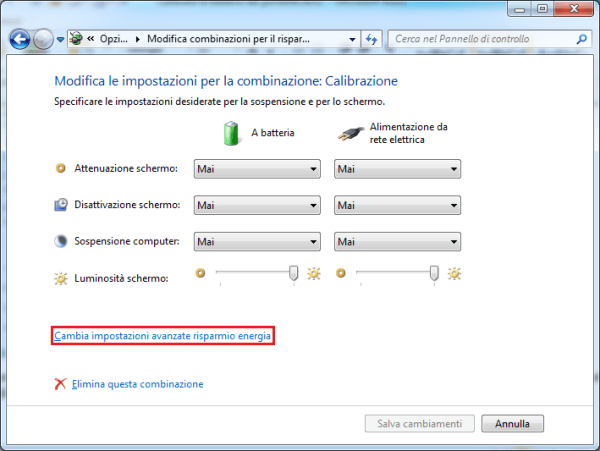 modifica impostazioni combinazione calibrazione