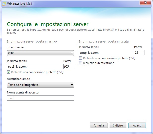configurazione impostazione server