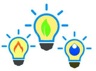 energia tre lampadine con elementi naturali: acqua, gas e fonti rinnovabili