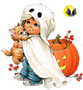 bambino travestito da fantasma che abbraccia un simpatico gattino