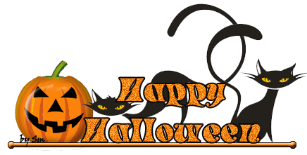scritta happy halloween color arancione con zucca e gatto nero