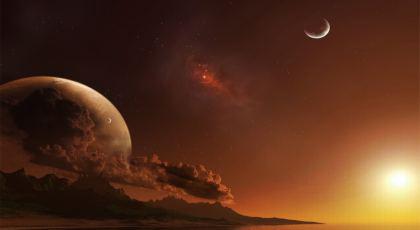 Vista cosmica del Pianeta con asteroidi e stelle