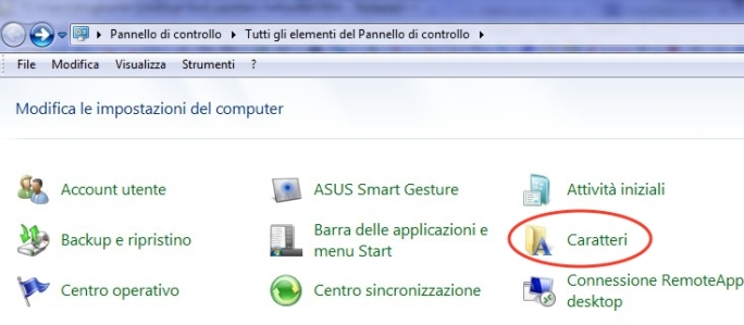 pannello controllo windows - caratteri