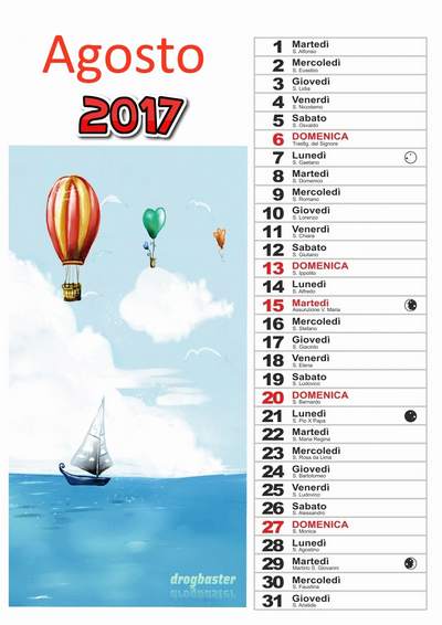 calendario 2017 mese Agosto