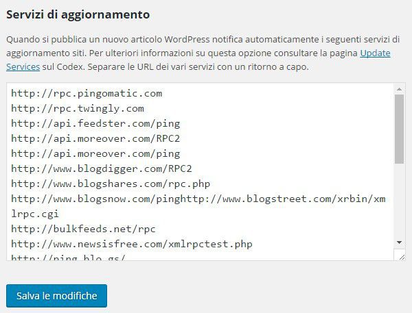 servizi ping aggiunti su wordpress