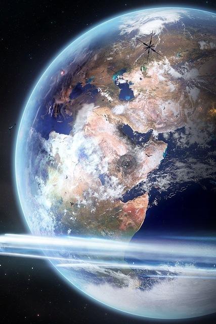 pianeta terra con satelliti futuristiciHD wallpapers iPhone