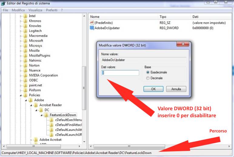 Rimuovere l'opzione Controlla aggiornamenti dal menù di Adobe Reader