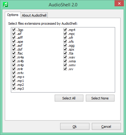 schermata audioshell settings opzioni del programma