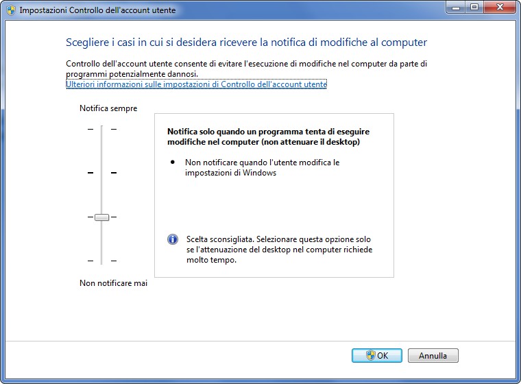 modifica controllo account utente windows