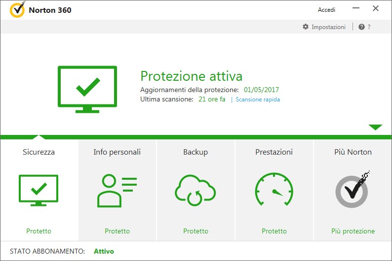 schermata principale Norton security premium