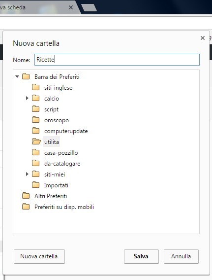 aggiungi cartella ricette segnalibri chrome