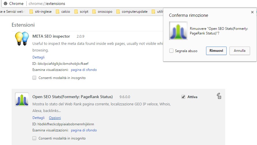 conferma rimozione estensione