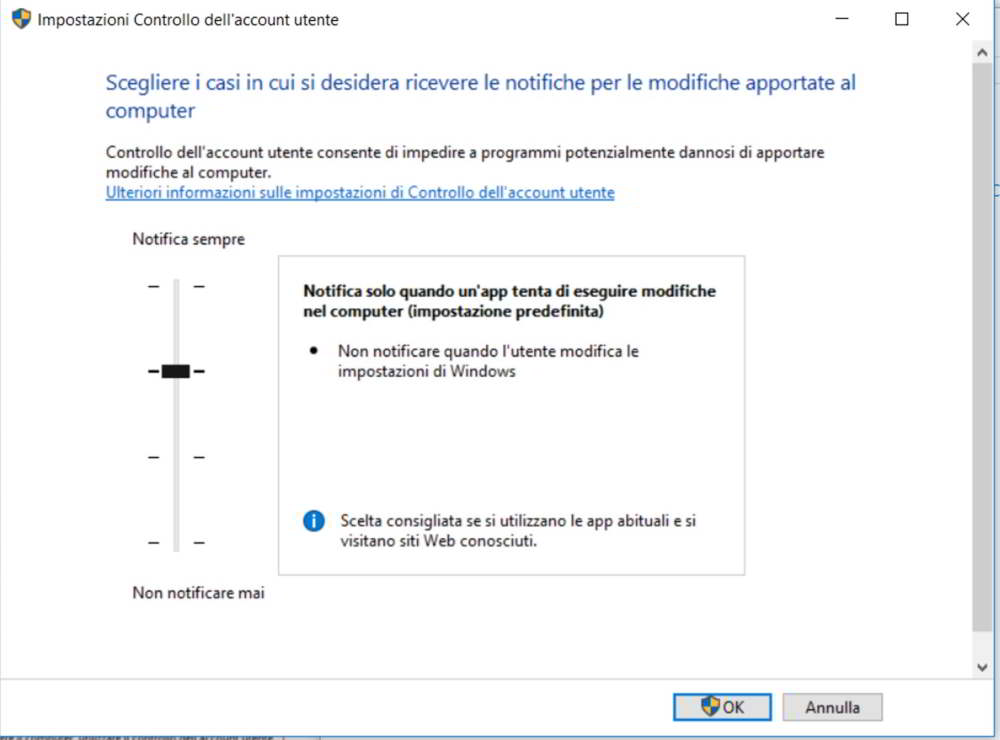 impostazioni controllo account utente windows 10
