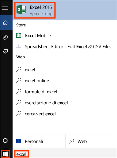 ricerca excel di windows10