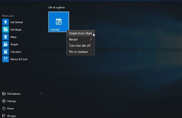 semplificare menu start Windows 10