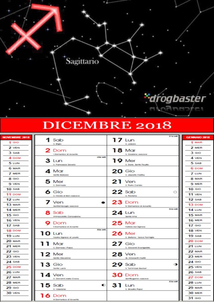 sagittario calendario dicembre 2018