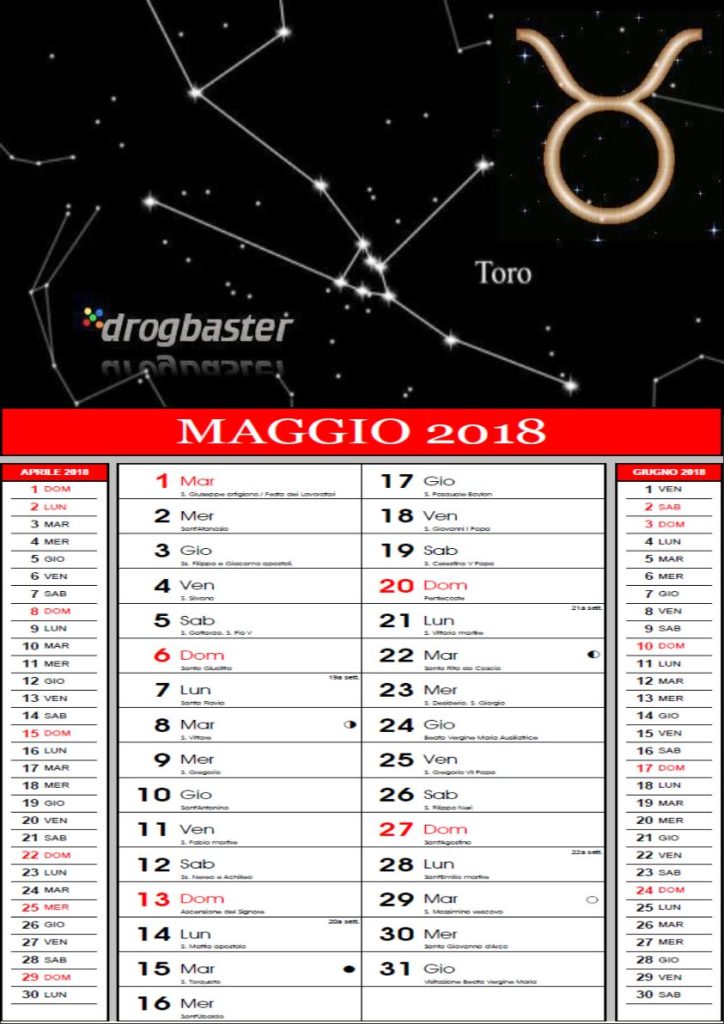 toro calendario maggio 2018