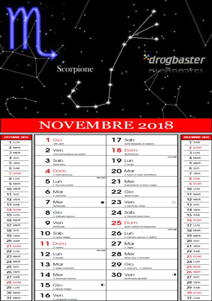 scorpione calendario novembre 2018
