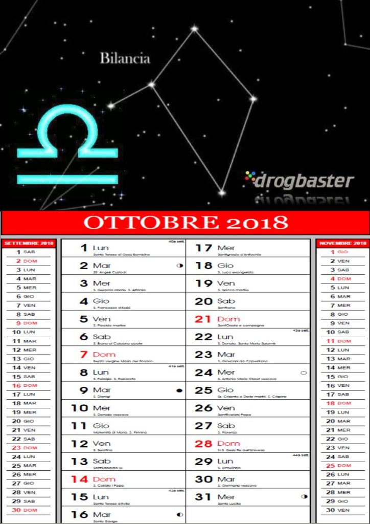 bilancia calendario ottobre 2018