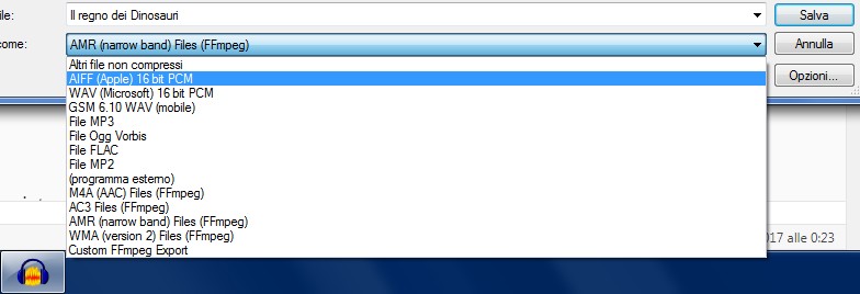 esporta formati audio audacity