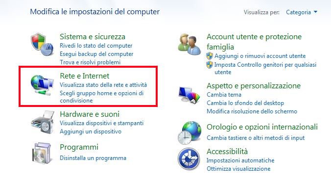 pannello di controllo rete internet