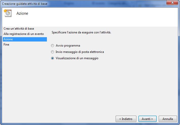 creazione guidata visualizzazione di un messaggio