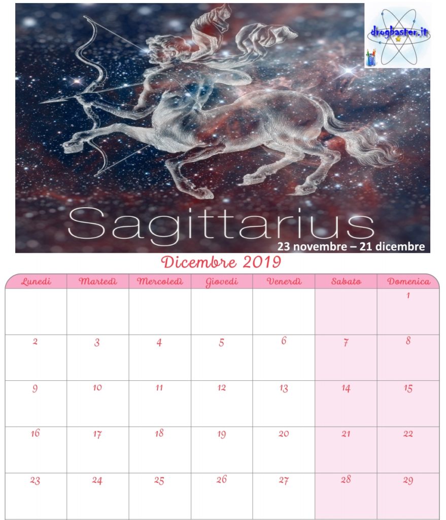 calendario mensile dicembre 2019 con segni zodiacali