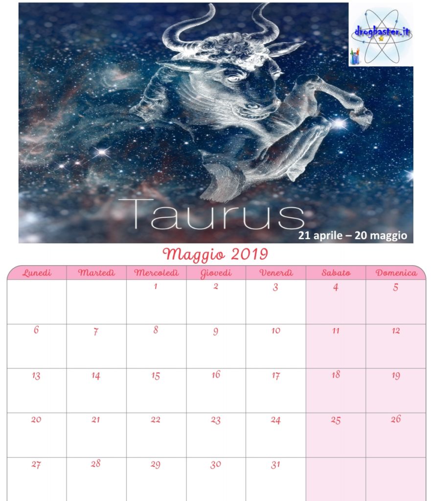 calendario mensile maggio 2019 con segni zodiacali