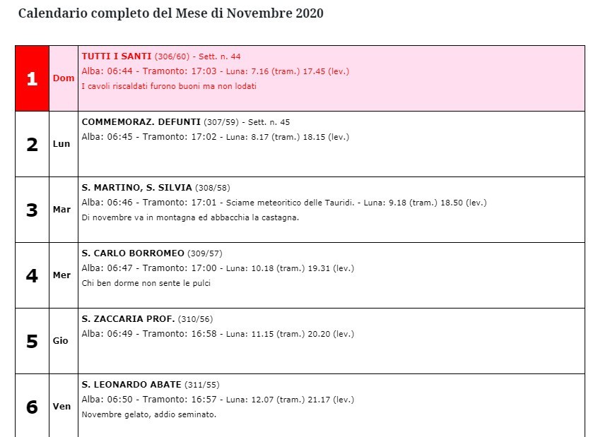 Calendario Novembre 2020
