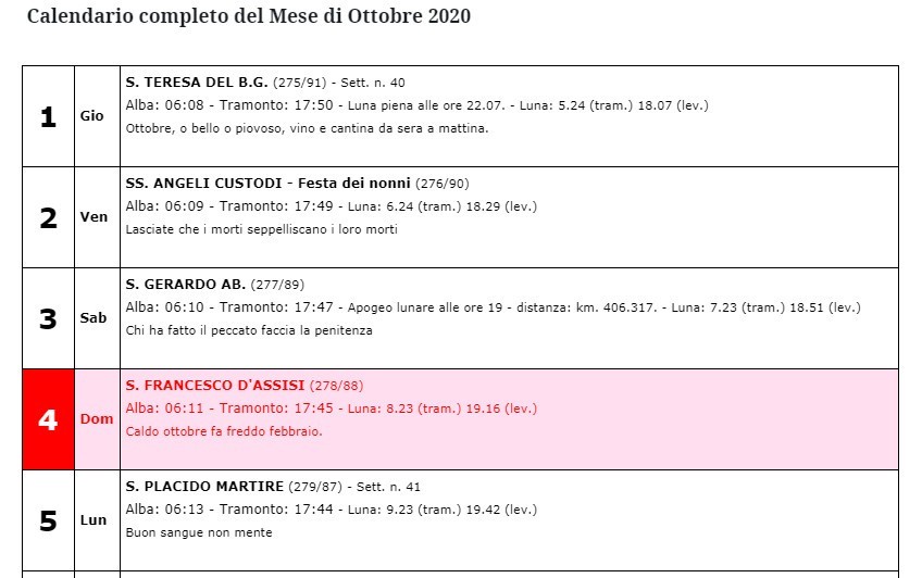 Calendario Ottobre 2020