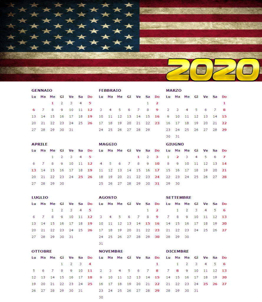 calendario annuale 2020 con bandiera americana