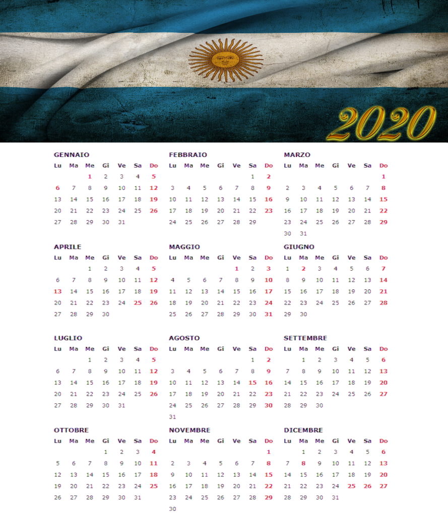 calendario annuale 2020 con bandiera argentina