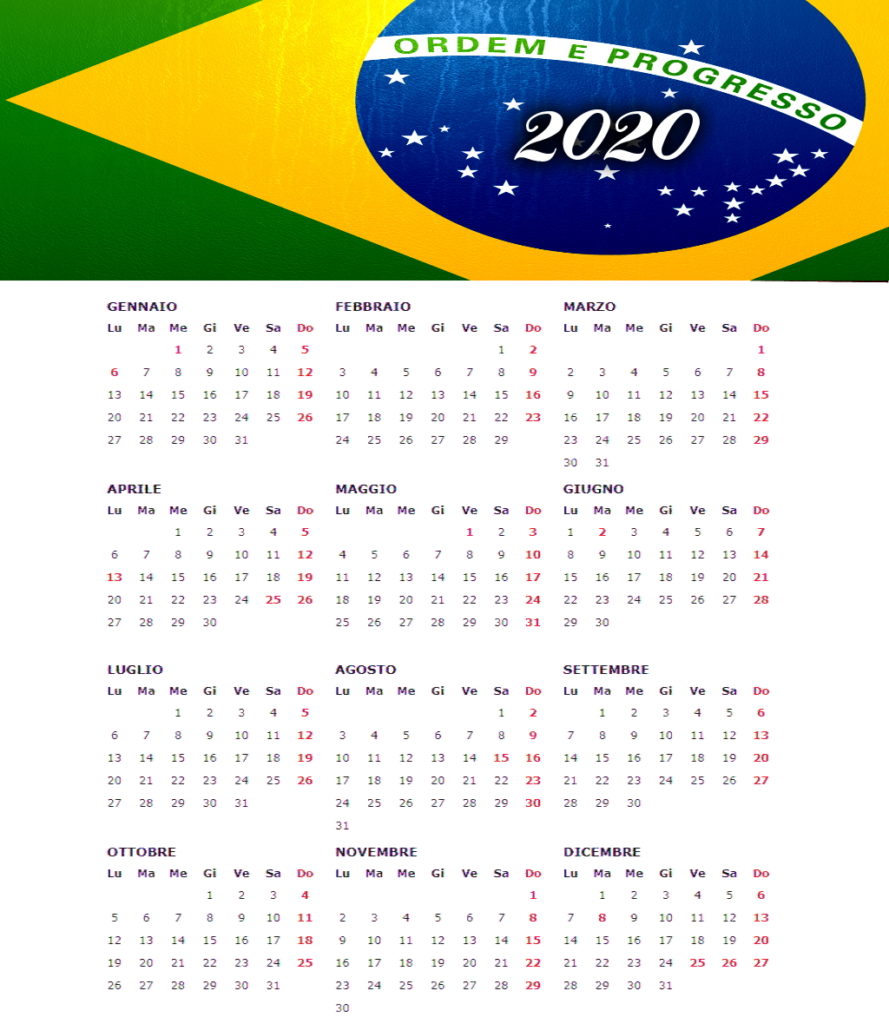 calendario annuale 2020 con bandiera brasile