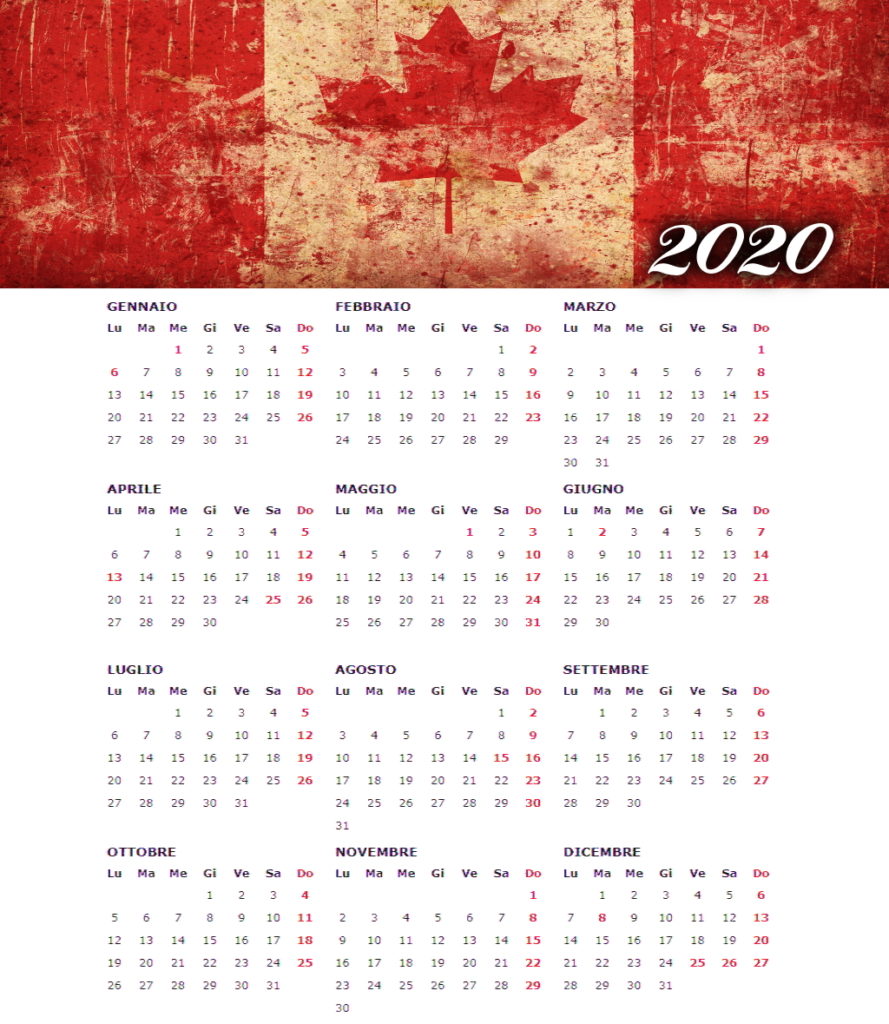 calendario annuale 2020 con bandiera canada