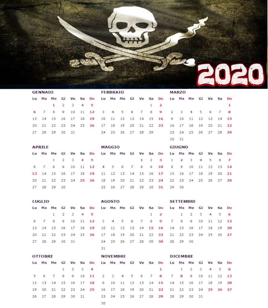 calendario annuale 2020 con bandiera dei pirati