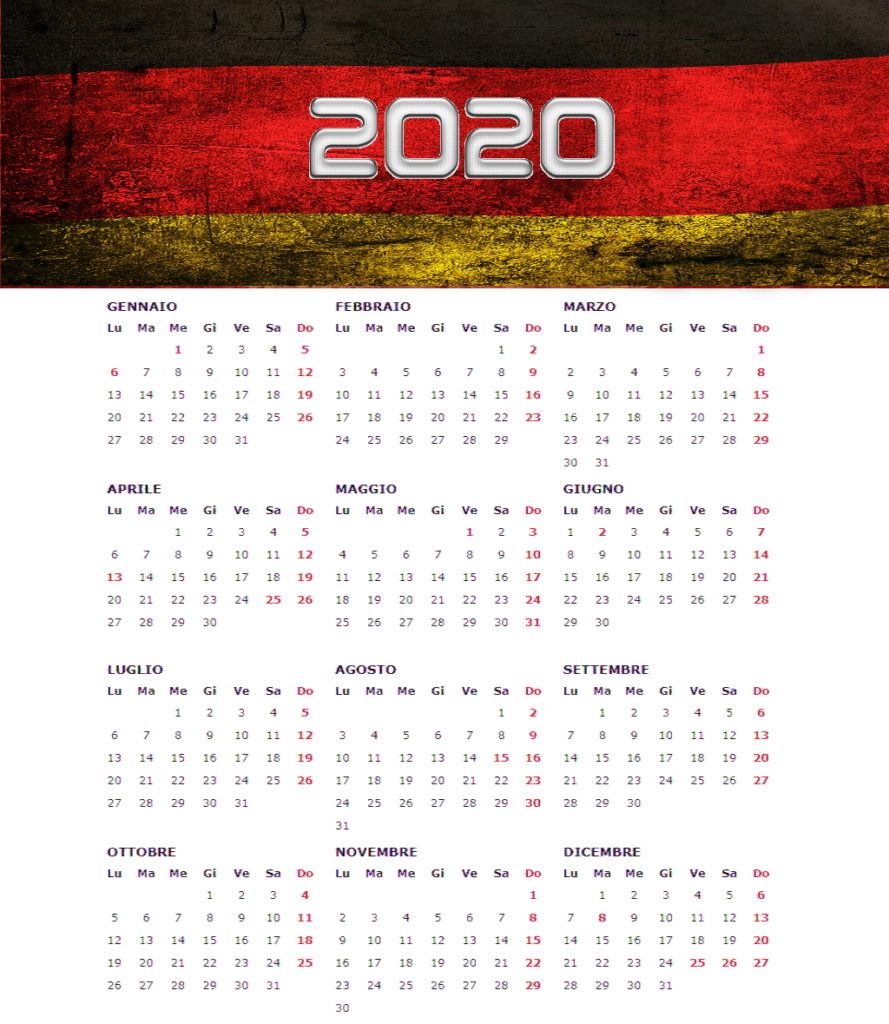calendario annuale 2020 con bandiera germania
