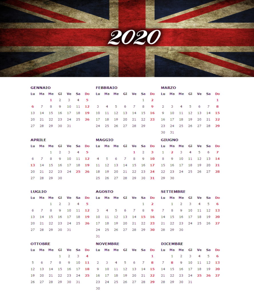 calendario annuale 2020 con bandiera inglese