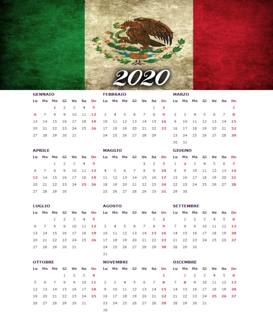 calendario annuale 2020 con bandiera messico