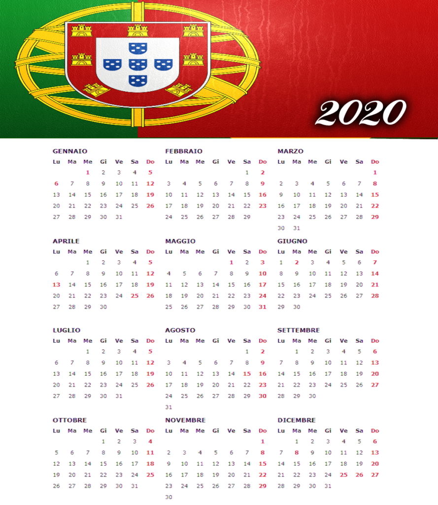 calendario annuale 2020 con bandiera portogallo