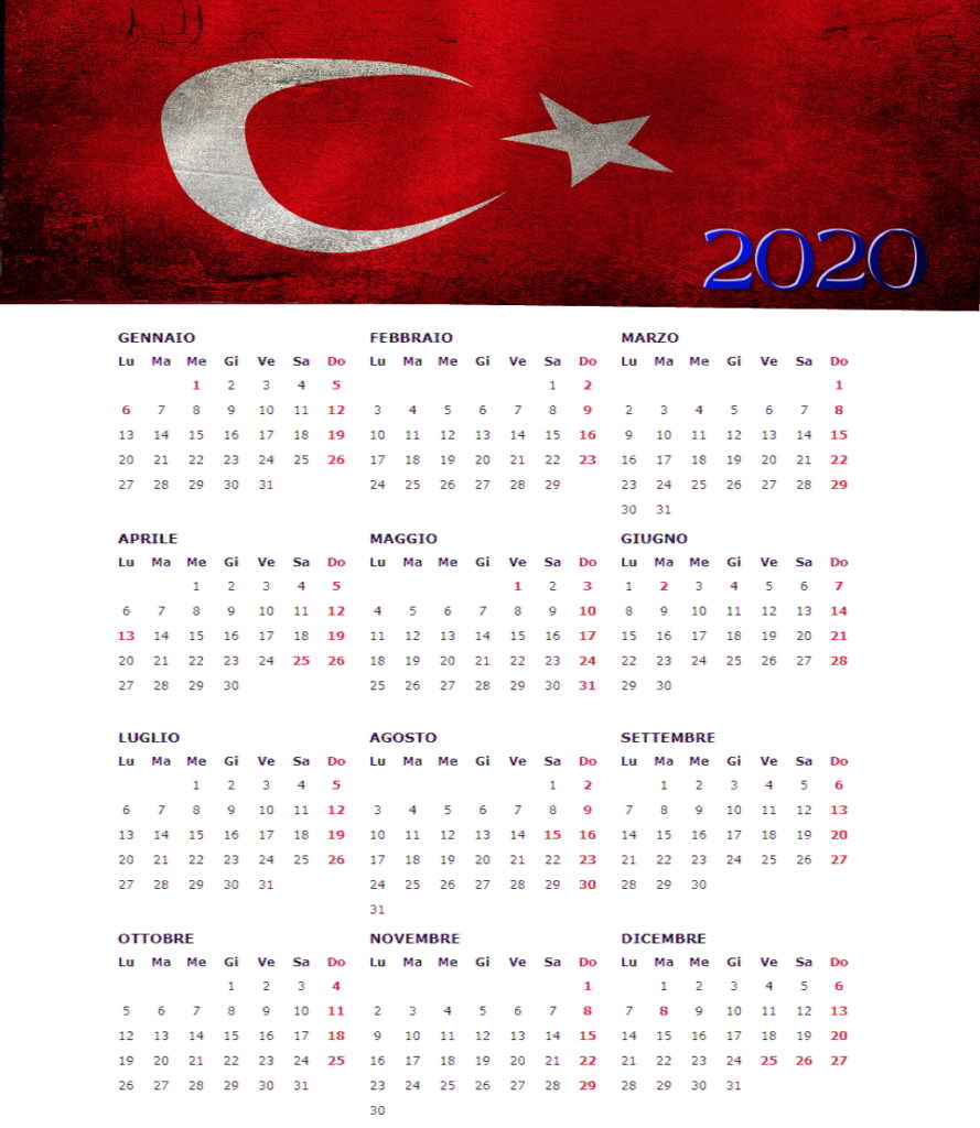 calendario annuale 2020 con bandiera turchia