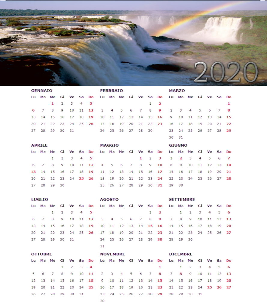 calendario annuale 2020 natura con immagine delle cascate