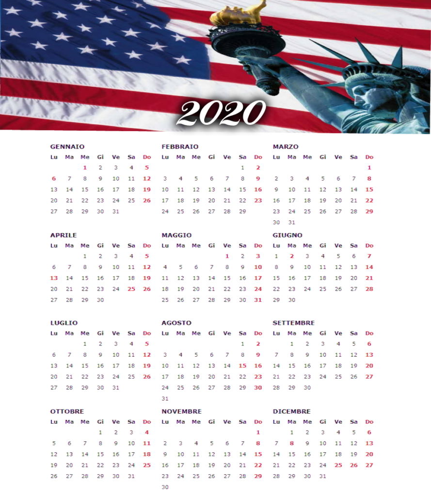 calendario 2020 bandiera americana