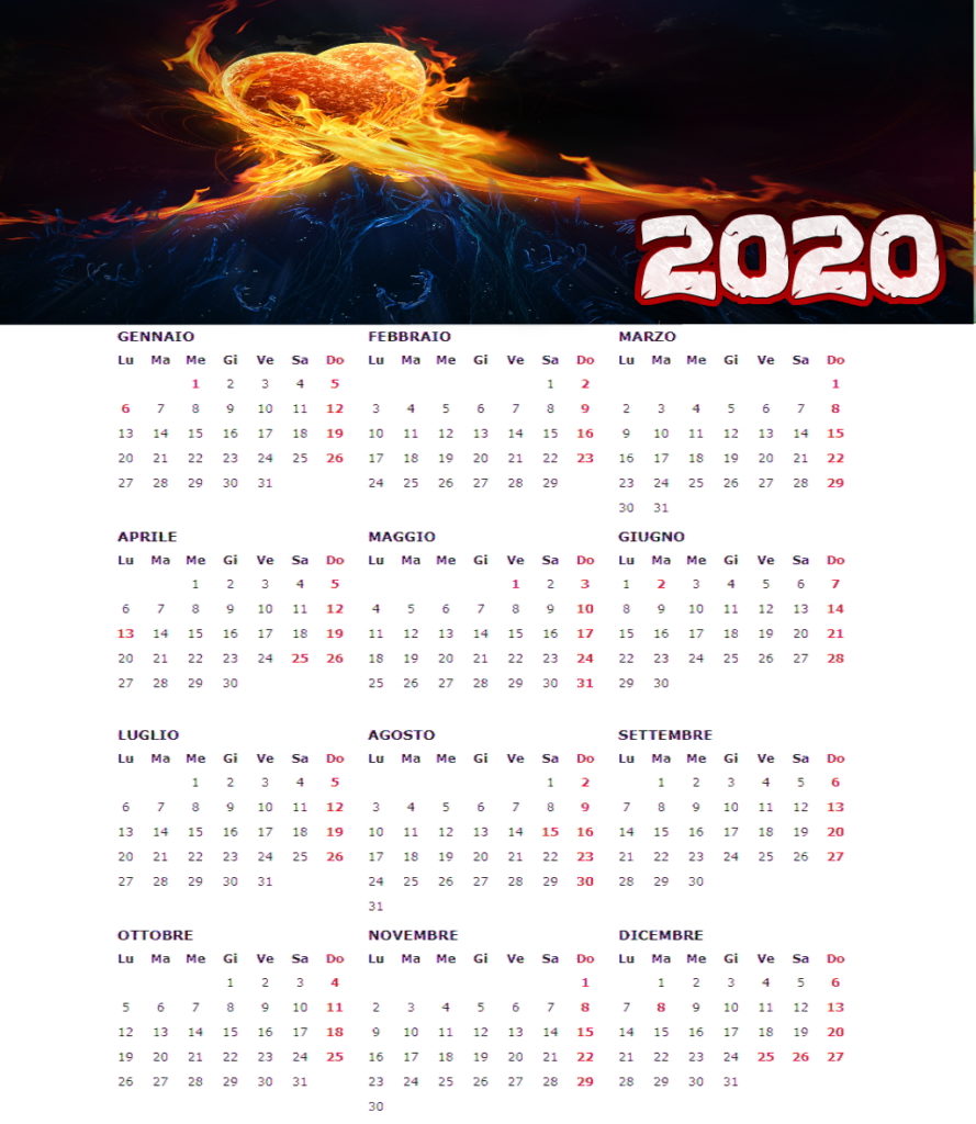 calendario 2020 cuore di spirito imaggine 3D