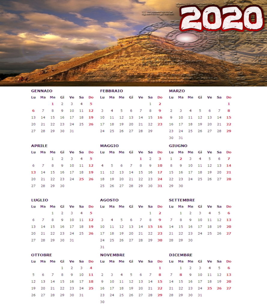 Calendario 2020 annuale con i giorni festivi italiani