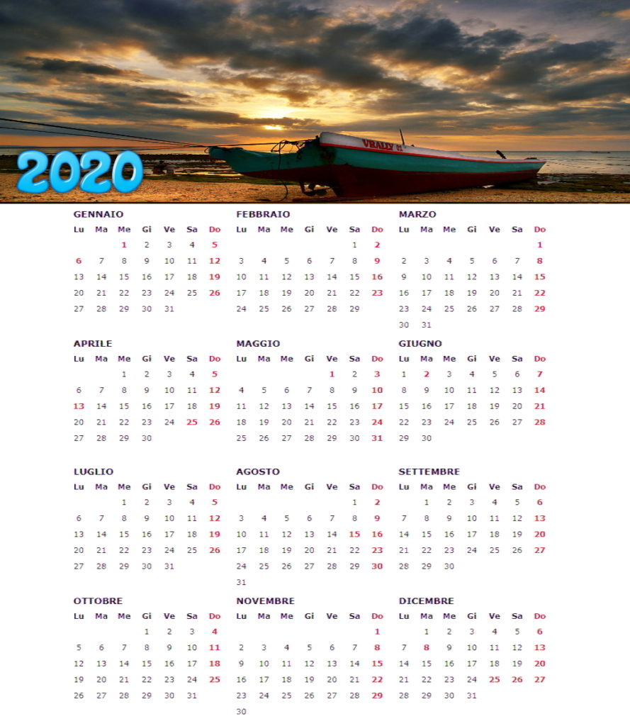 calendario 2020 con panorama della spiaggia con barca
