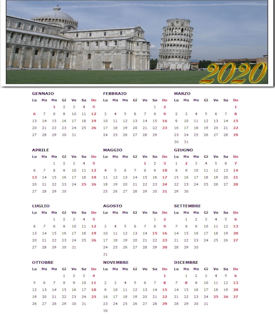 calendario 2020 torre di pisa