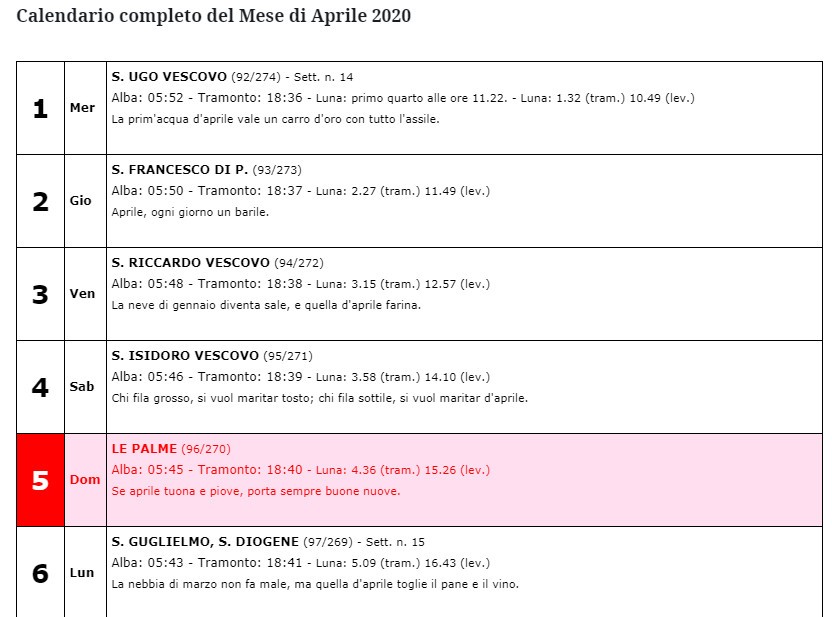 calendario aprile 2020